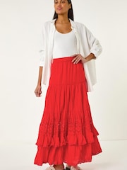 Roman Red Broderie Tiered Maxi Skirt - Image 1 of 5