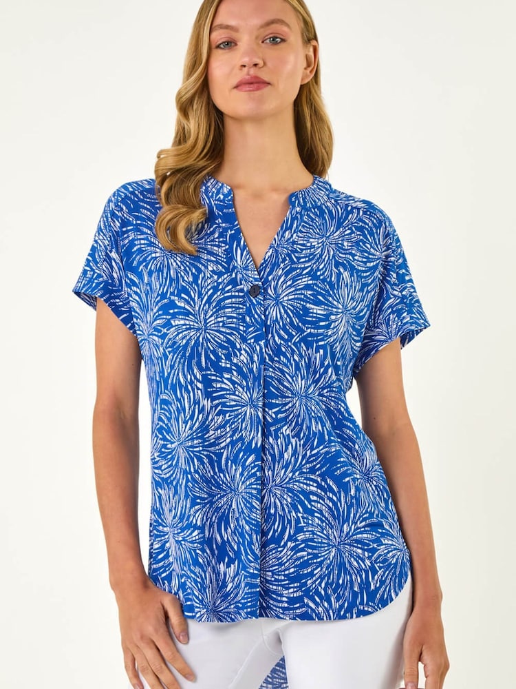 Roman Blue Abstract Print V-Neck Stretch Top - Image 1 of 5
