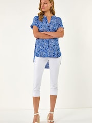 Roman Blue Abstract Print V-Neck Stretch Top - Image 3 of 5