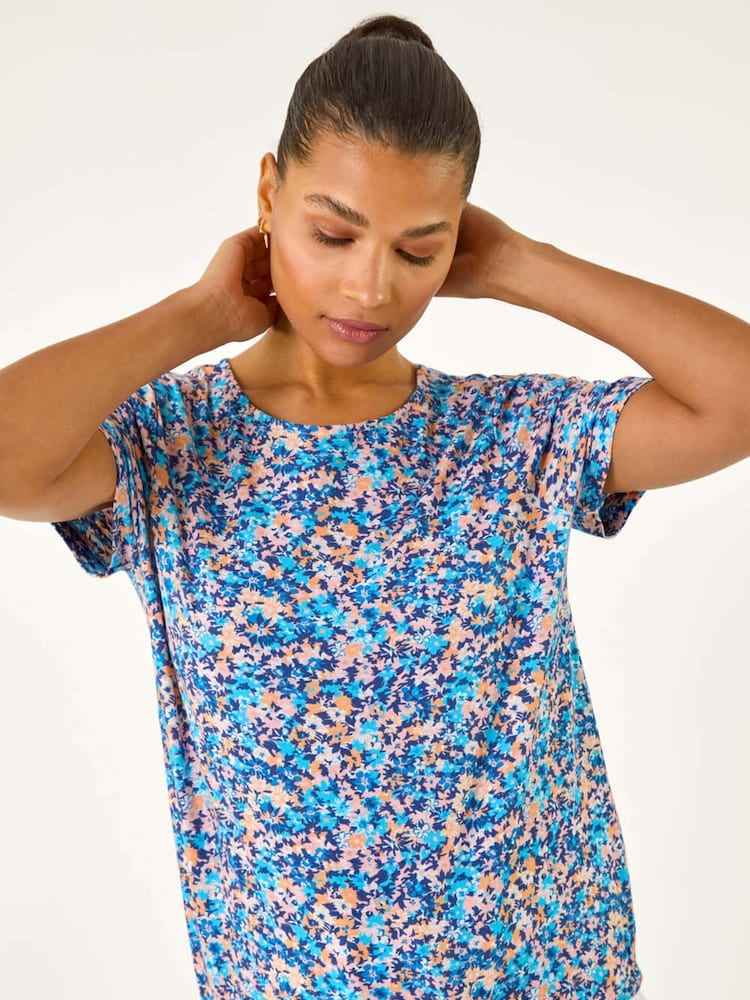 Roman Blue Floral Print Elasticated Hem Top - Image 1 of 5