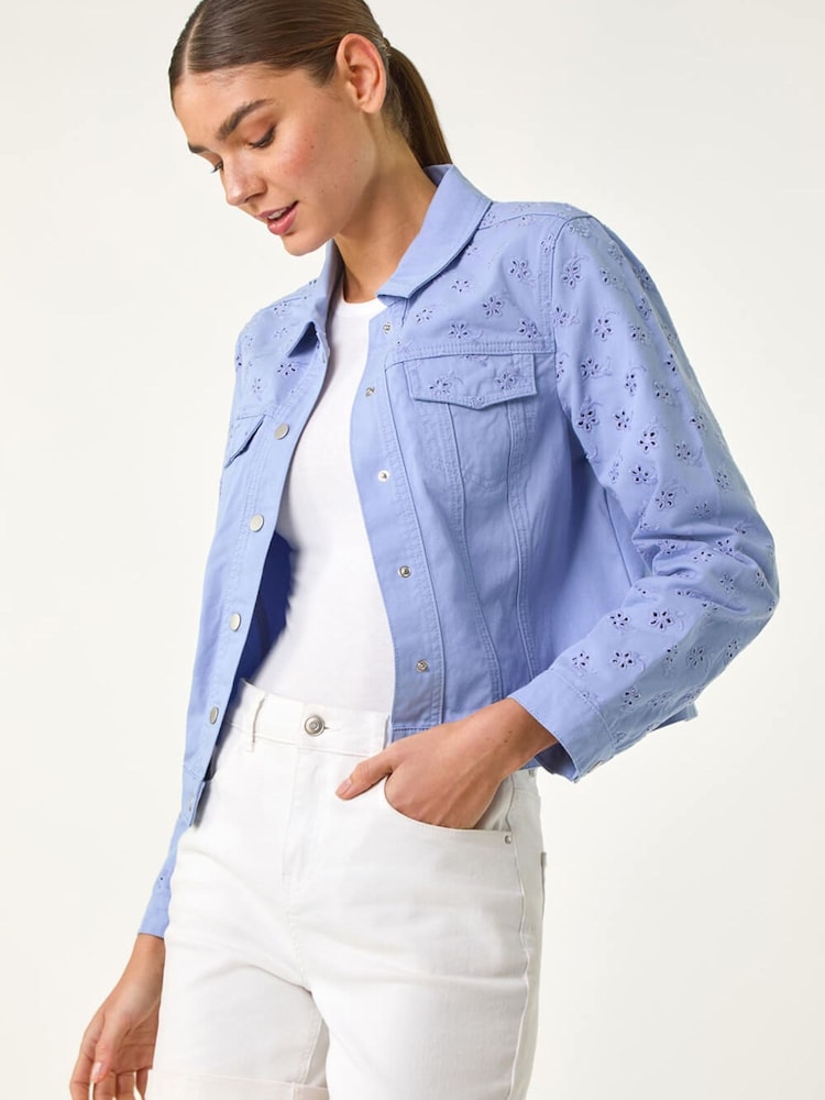 Roman Blue Cotton Blend Broderie Sleeve Jacket - Image 1 of 5
