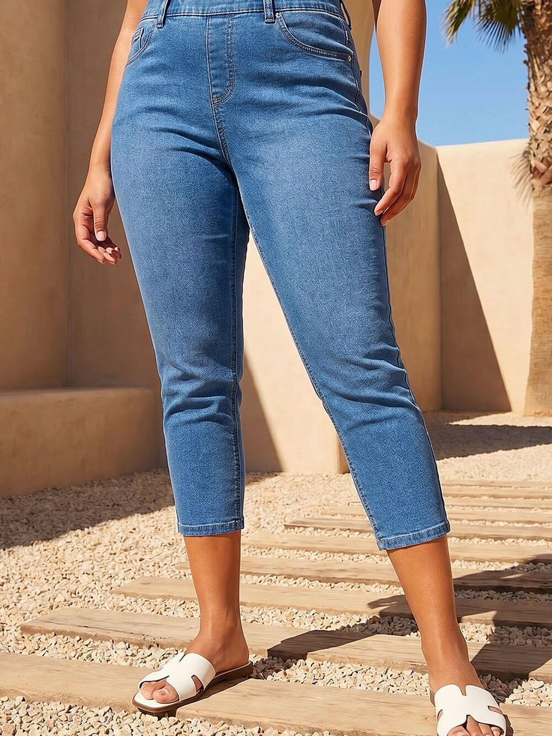 Roman Women's Mid Blue Curve Elastic Waist Cropped Denim Jeggings In | : 30/32 - Image 3