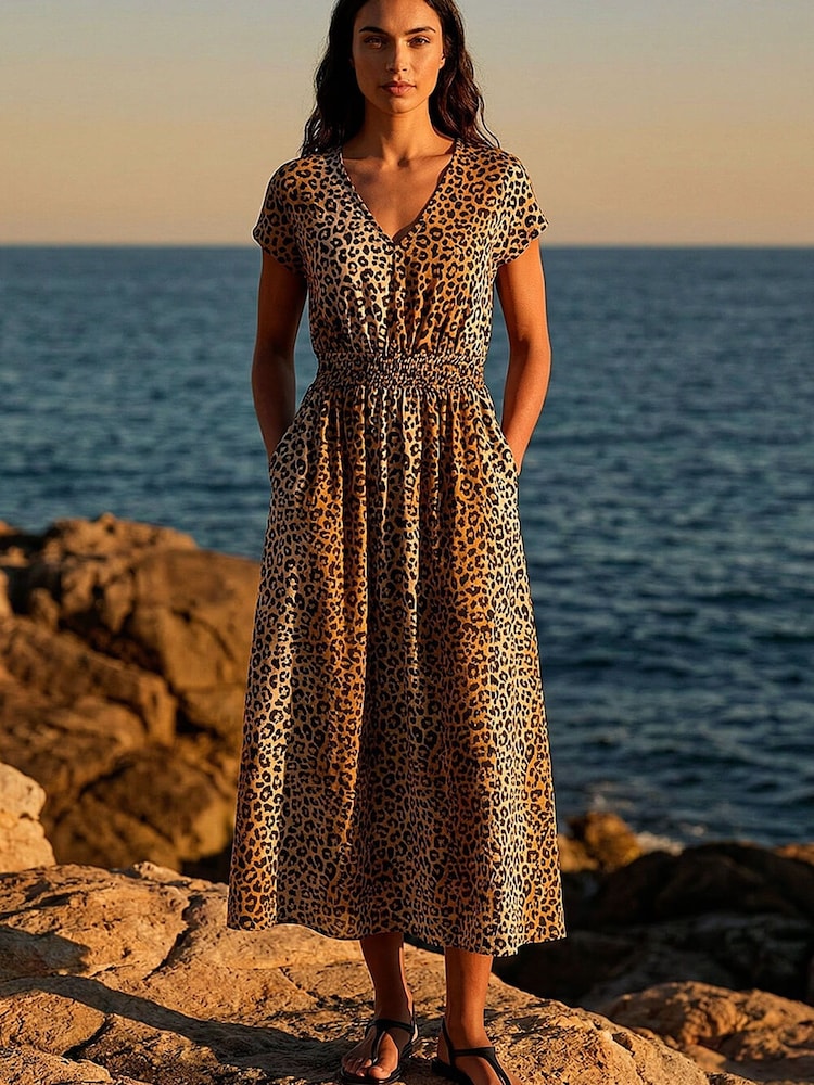 Roman Brown Animal Print Shirred Waist Maxi Dress - Image 1 of 5