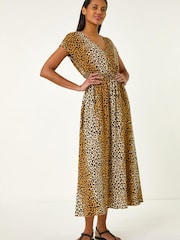 Roman Brown Animal Print Shirred Waist Maxi Dress - Image 2 of 5