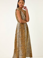 Roman Brown Animal Print Shirred Waist Maxi Dress - Image 4 of 5