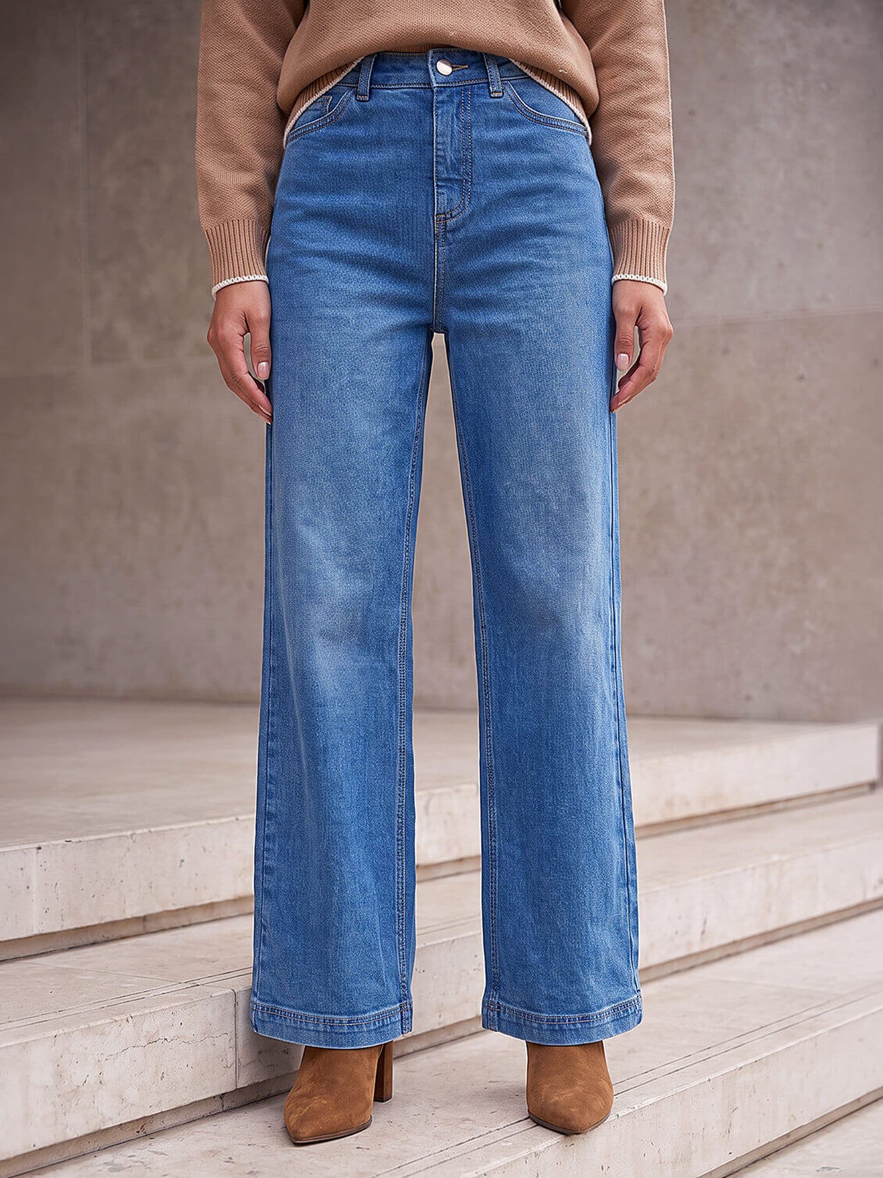 Roman Denim Cotton Blend Wide Leg Stretch Jeans - Image 4