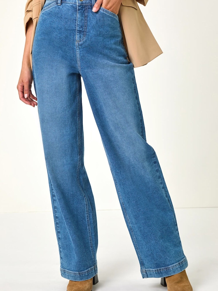 Roman Blue Cotton Blend Wide Leg Stretch Denim Trousers - Image 1 of 9 Roman Blue Cotton Blend Wide Leg Stretch Denim Trousers - Image 1 of 9