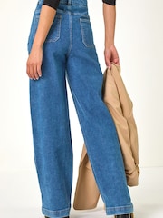Roman Blue Cotton Blend Wide Leg Stretch Denim Trousers - Image 4 of 9