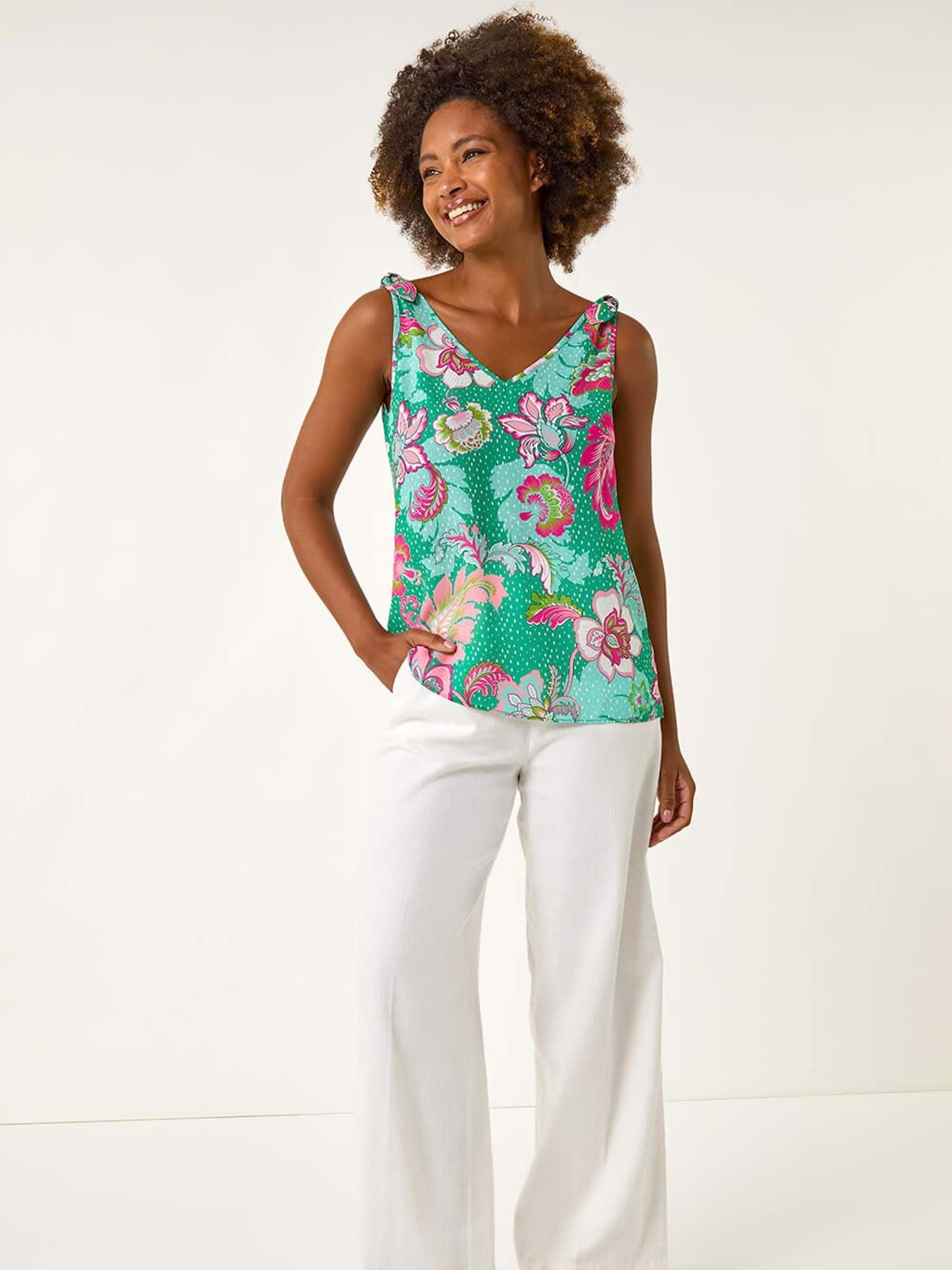 Roman Women's Floral Spot Printed Vest Top in Green | Size: 18 - Image 2