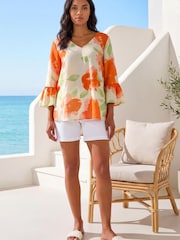 Roman Orange Floral Print Frill Sleeve Top - Image 1 of 5