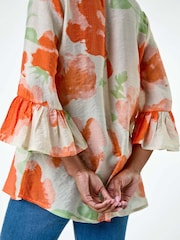 Roman Orange Floral Print Frill Sleeve Top - Image 5 of 5