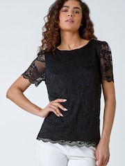 Roman Black Floral Stretch Lace Top - Image 1 of 5