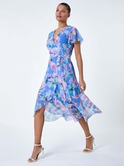 Roman Blue Floral Frill Detail Wrap Dress - Image 1 of 4