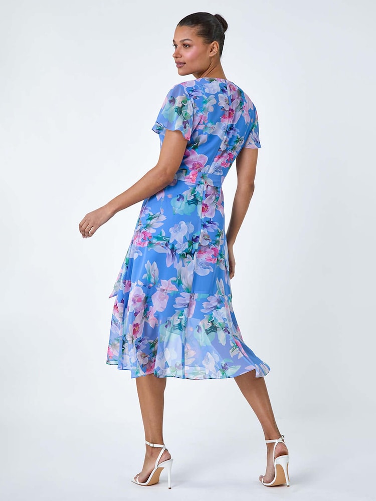 Roman Blue Floral Frill Detail Wrap Dress - Image 2 of 4