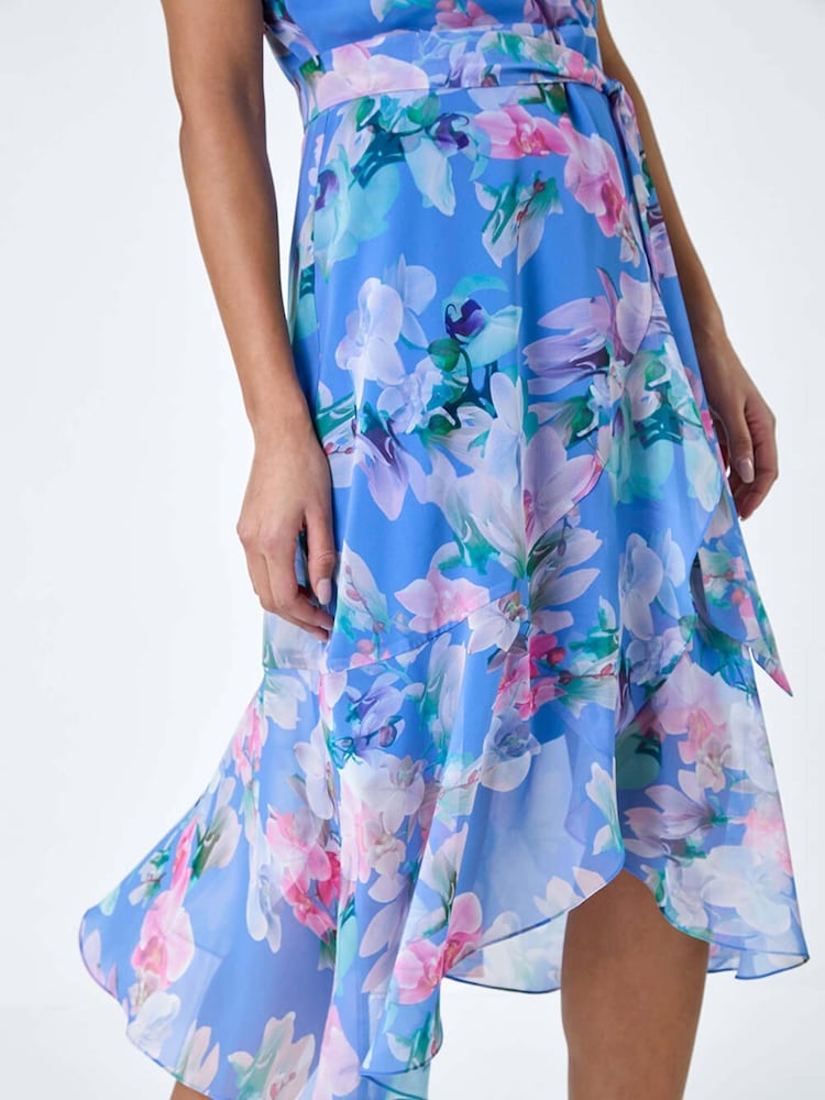 Roman Blue Floral Frill Detail Wrap Dress - Image 4 of 4