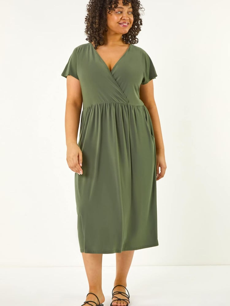 Roman Green Curve Wrap Front Stretch Dress - Image 1 of 5