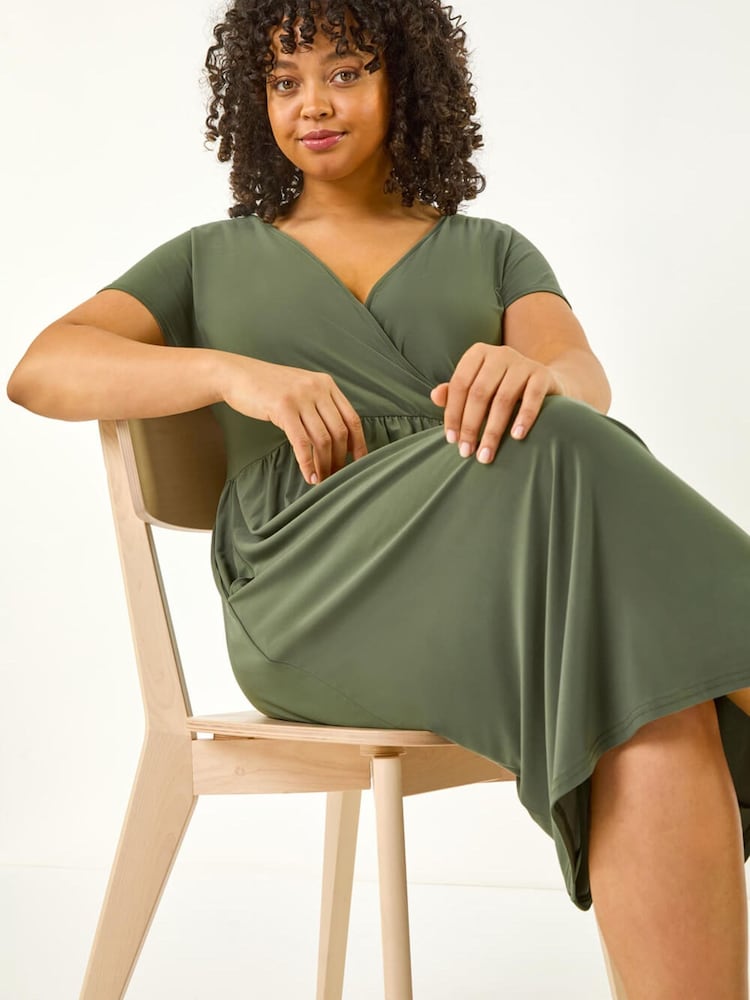 Roman Green Curve Wrap Front Stretch Dress - Image 2 of 5