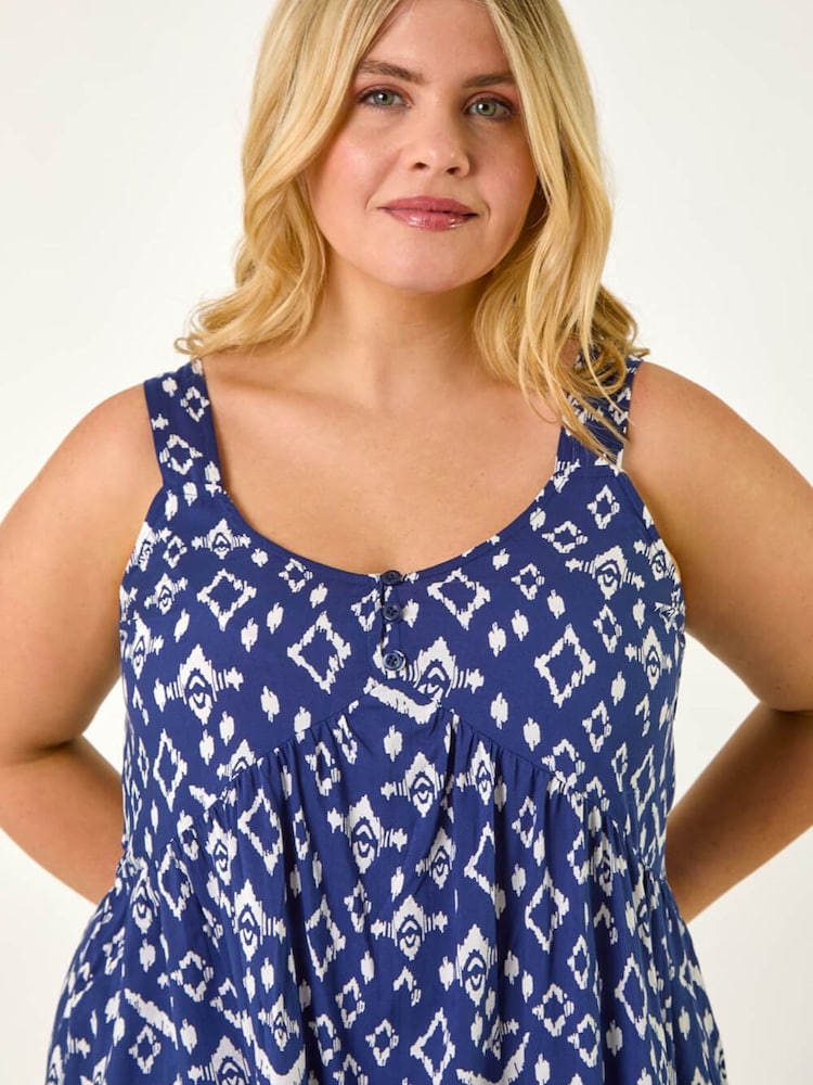 Roman Blue Curve Ikat Print Woven Vest Top - Image 5 of 5