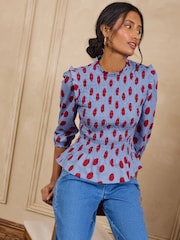 Love & Roses Red and Blue Spot Shirred 3/4 Sleeve Jersey Top - Image 1 of 4