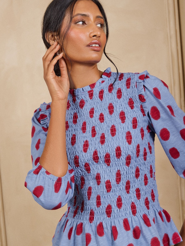 Love & Roses Red and Blue Spot Shirred 3/4 Sleeve Jersey Top - Image 2 of 4