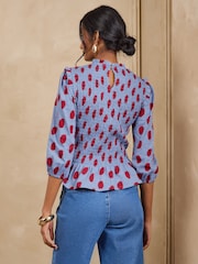 Love & Roses Red and Blue Spot Shirred 3/4 Sleeve Jersey Top - Image 4 of 4