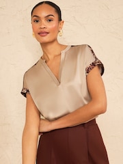 Love & Roses Beige Animal Tipped Cuff Petite Notch Neck Satin Front Jersey T-Shirt - Image 2 of 4