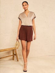 Love & Roses Beige Animal Tipped Cuff Petite Notch Neck Satin Front Jersey T-Shirt - Image 3 of 4