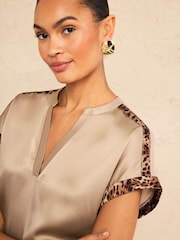 Love & Roses Beige Animal Tipped Cuff Petite Notch Neck Satin Front Jersey T-Shirt - Image 4 of 4