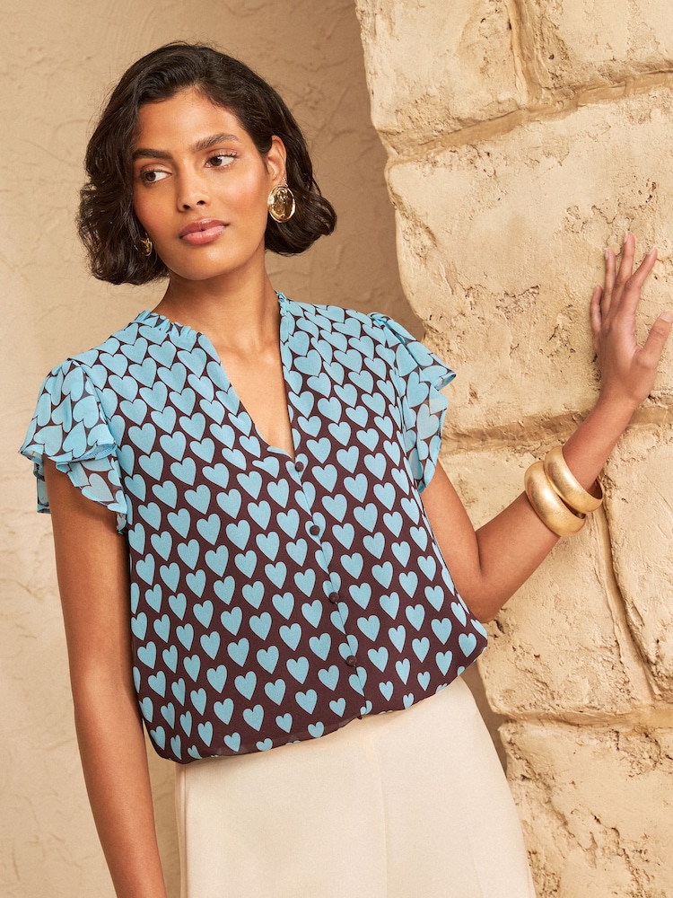 Love & Roses Chocolate Brown Blue Heart Long Sleeve Pussybow Blouse - Image 1 of 4