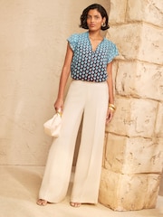 Love & Roses Chocolate Brown Blue Heart Long Sleeve Pussybow Blouse - Image 3 of 4