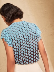 Love & Roses Chocolate Brown Blue Heart Long Sleeve Pussybow Blouse - Image 4 of 4