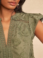 Khakigrün - Love & Roses Bluse mit Paisley-Muster, Kreuzschraffur und Flatterärmeln - Bild 2 von 4