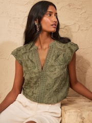 Khakigrün - Love & Roses Bluse mit Paisley-Muster, Kreuzschraffur und Flatterärmeln - Bild 4 von 4