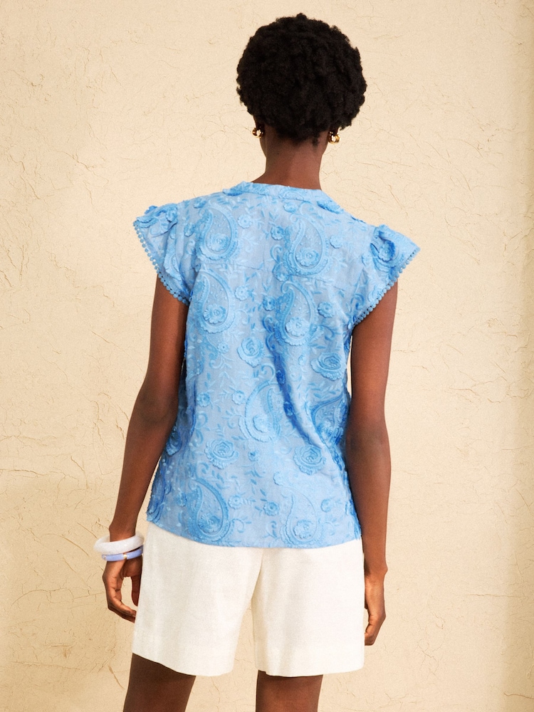 Love & Roses Pale Blue Petite Cross Hatch Paisley Flutter Sleeve Blouse - Image 4 of 4