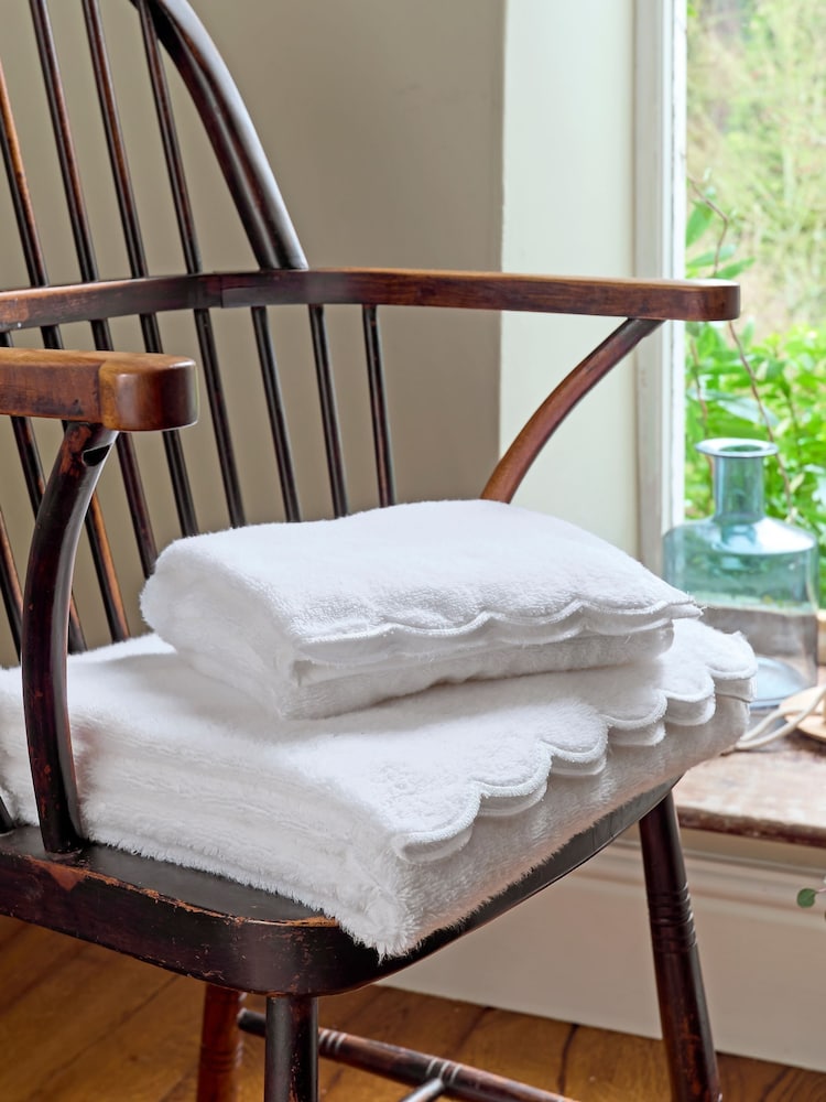 Christy White Scallop Edge Embroidered Cotton Towel - Image 1 of 4