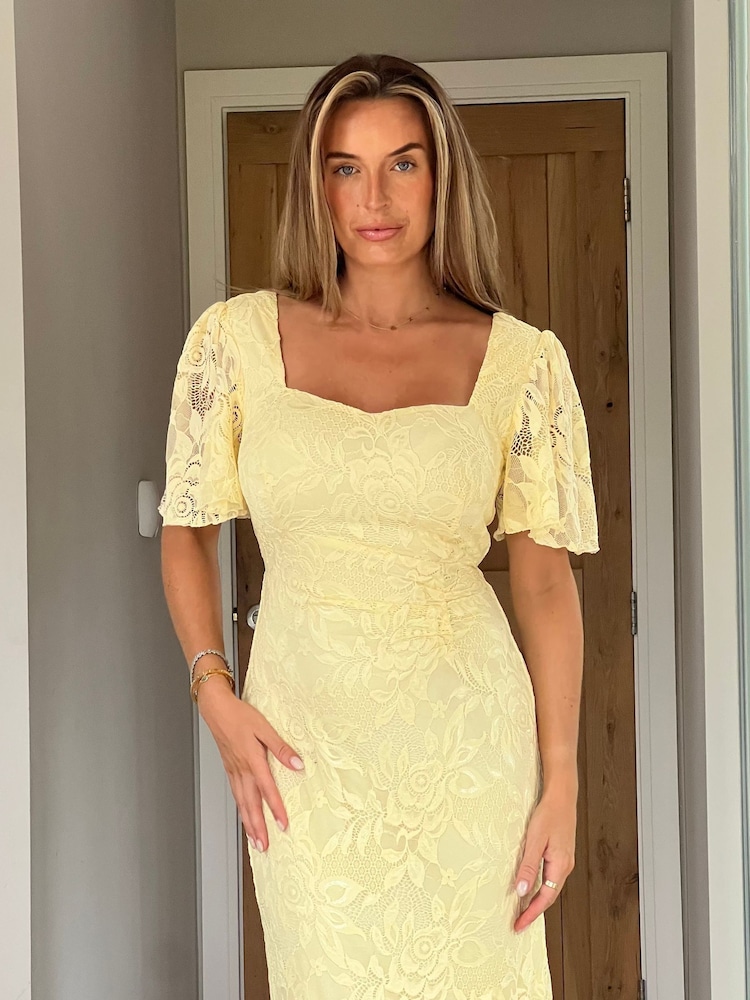 Girl In Mind Yellow Heidi Lace Ruched Midi Dress - Image 5 of 5