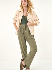 Roman Green Elastic Waist Tie Front Linen Mix Trousers - Image 1 of 5
