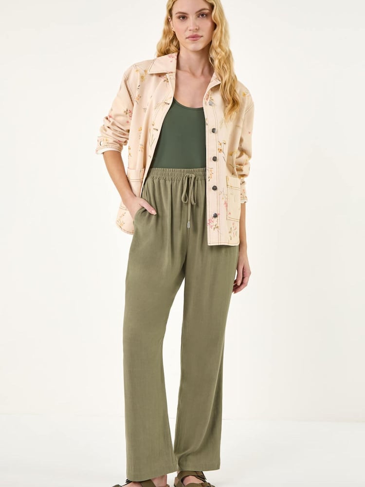 Roman Green Elastic Waist Tie Front Linen Mix Trousers - Image 2 of 5