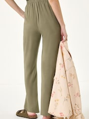 Roman Green Elastic Waist Tie Front Linen Mix Trousers - Image 3 of 5