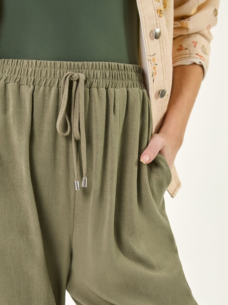 Roman Green Elastic Waist Tie Front Linen Mix Trousers - Image 5 of 5