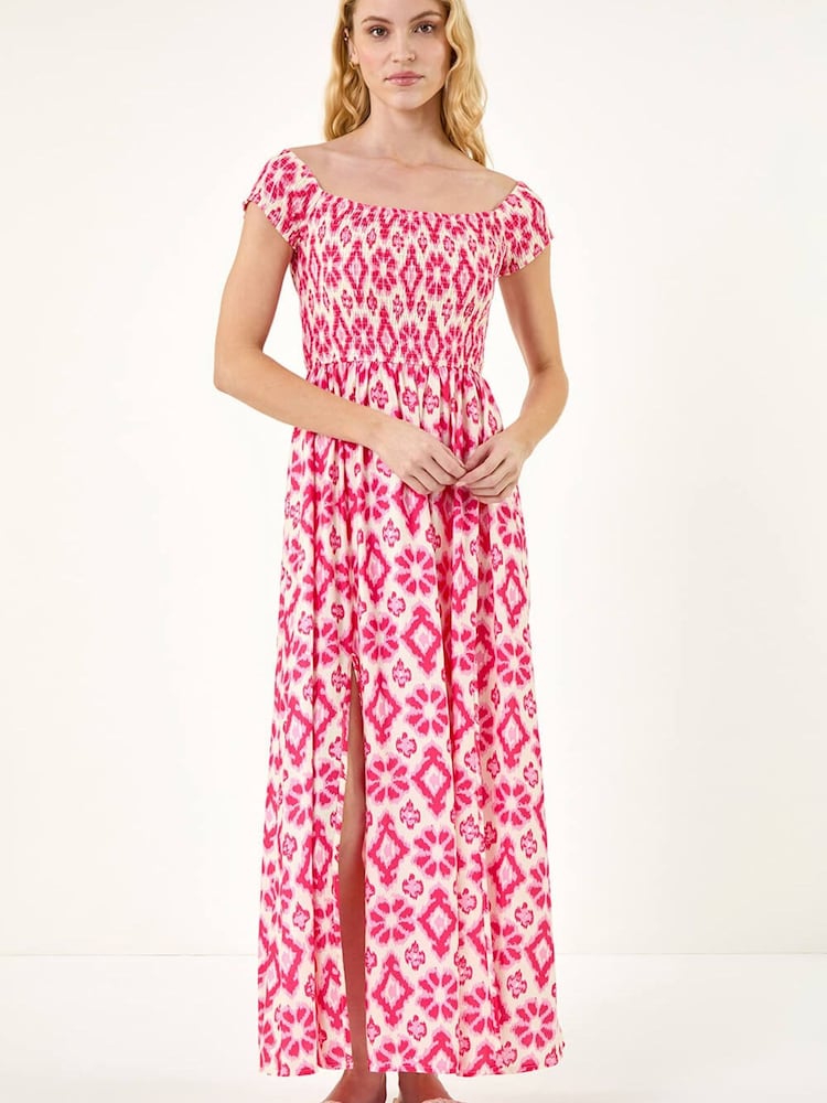 Roman Pink Aztec Bardot Dress - Image 1 of 5 Roman Pink Aztec Bardot Dress - Image 1 of 5