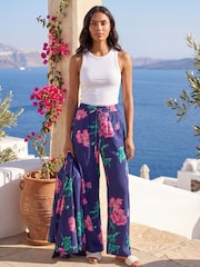 Roman Blue Floral Textured Pull On Trousers - Image 1 of 5