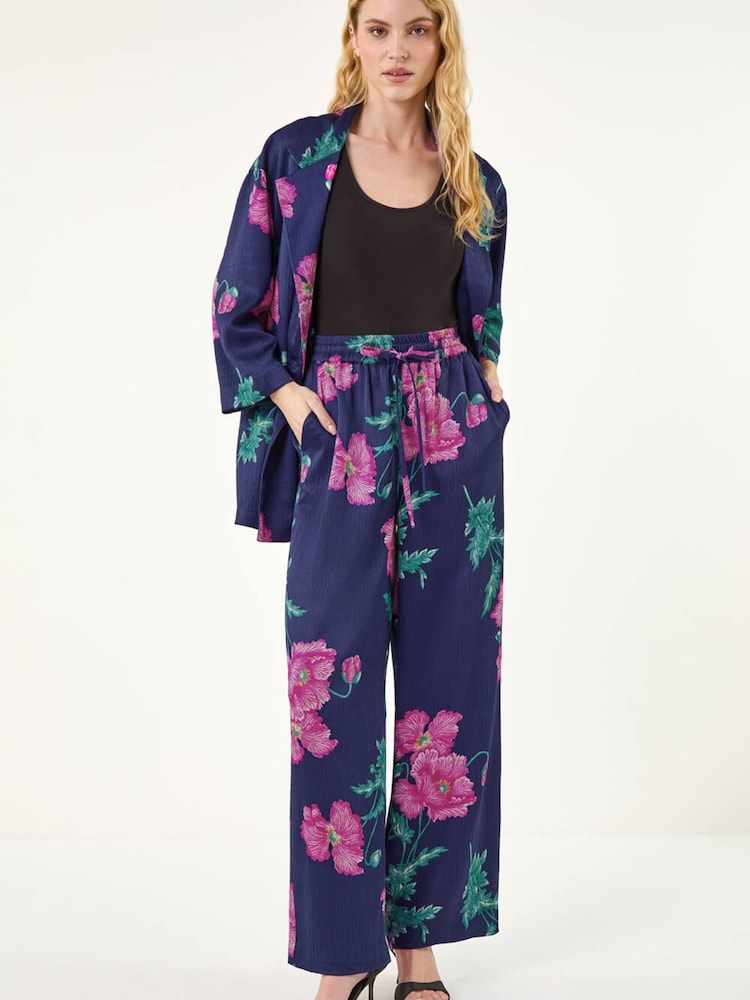 Roman Blue Floral Textured Pull On Trousers - Image 2 of 5