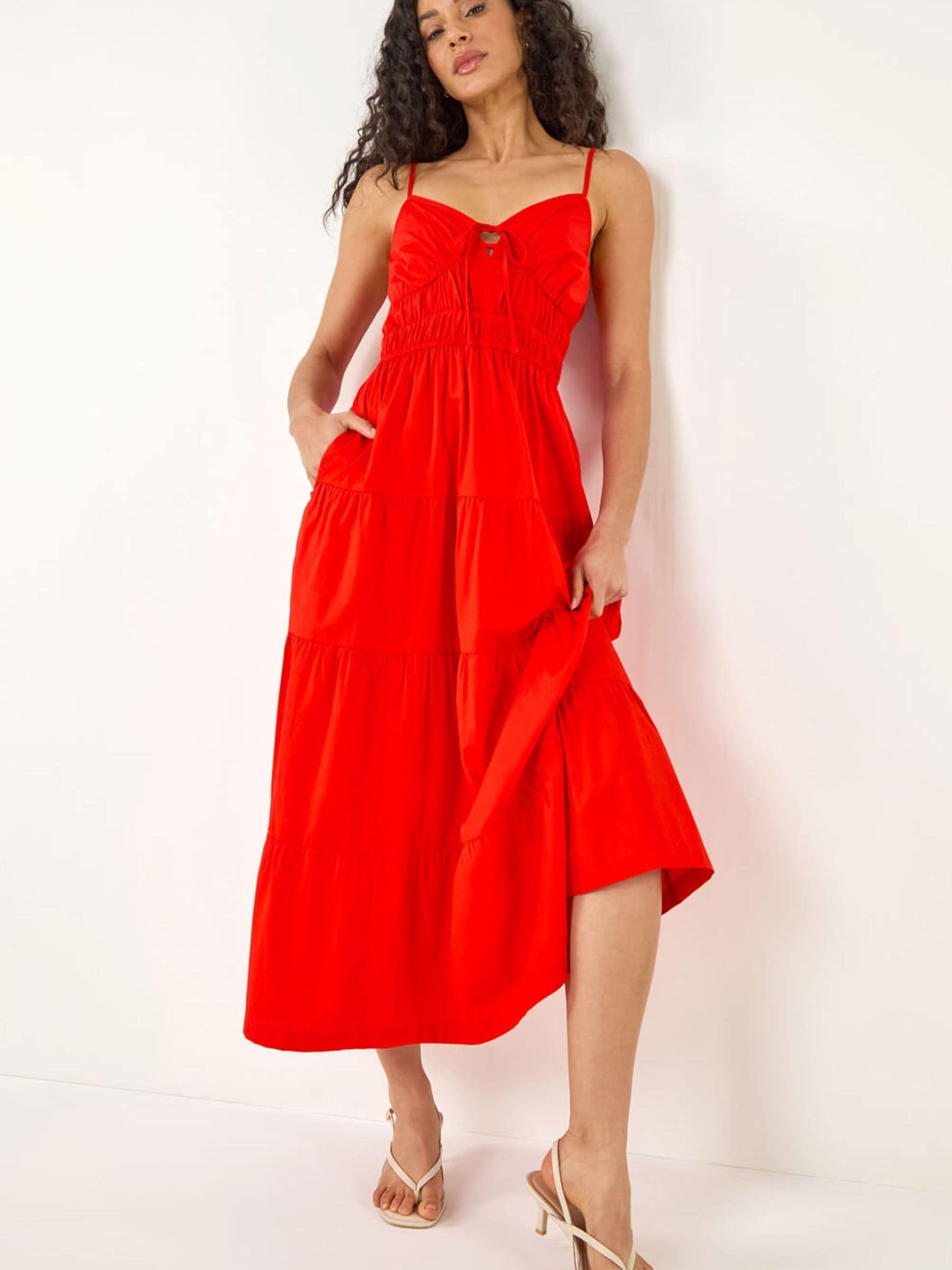 Roman Women's Red Cotton Tie Maxi Dress