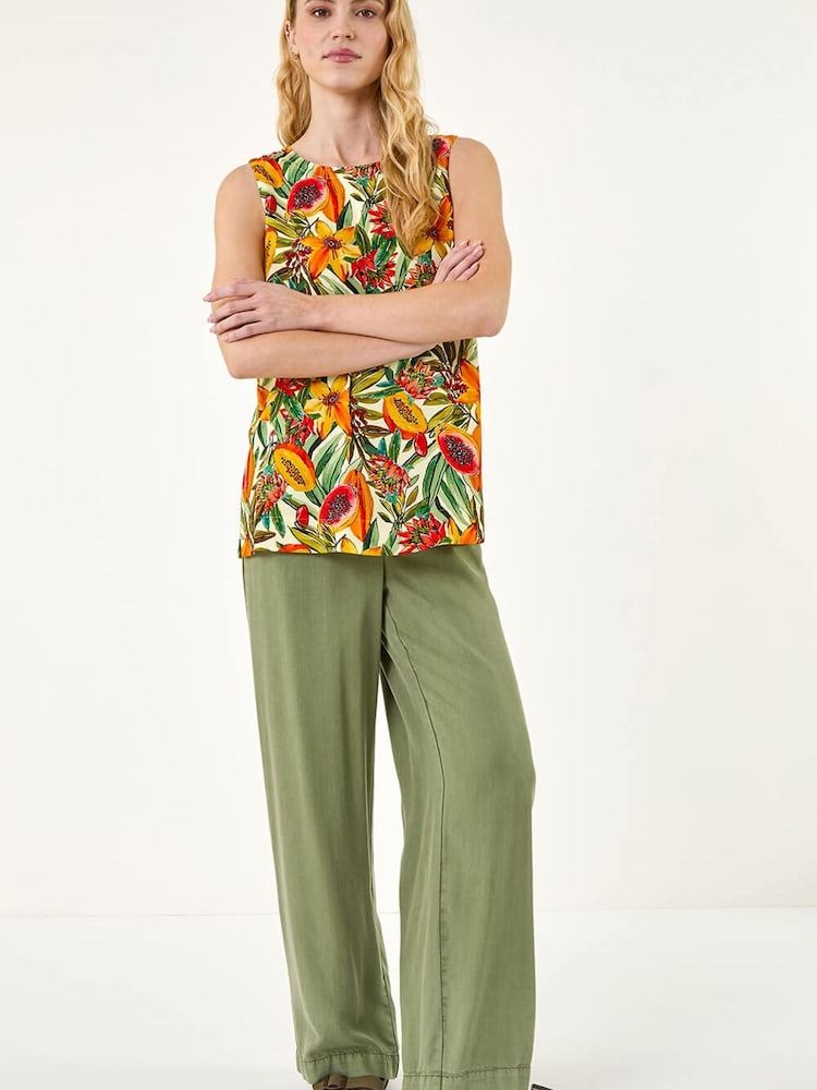 Roman Green Floral Fruit Print Shell Top - Image 2 of 5 Roman Green Floral Fruit Print Shell Top - Image 2 of 5