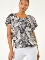 Roman Black Leaf Print Lace Bubble Hem Top - Image 1 of 5