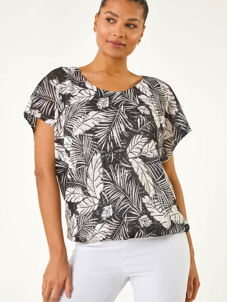 Roman Black Leaf Print Lace Bubble Hem Top - Image 1 of 5