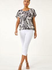 Roman Black Leaf Print Lace Bubble Hem Top - Image 3 of 5