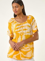 Roman Yellow Leaf Print Button Detail Top - Image 1 of 5