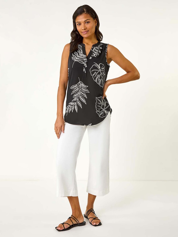 Roman Black Textured Leaf Print Vest Top - Image 2 of 5